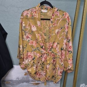 Free People Mustard Floral Tie-Front Blouse